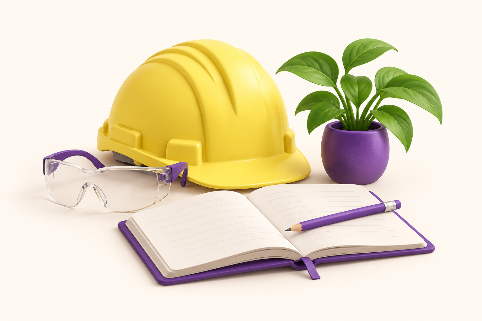 Ilustração de um capacete, óculos de proteção, caderno e planta, símbolos de prevenção e cuidado.